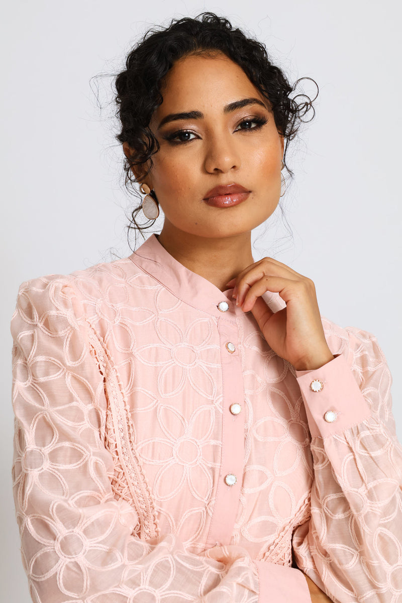Long Sleeve Button Through Easy Wearing Lace Dress - Pink