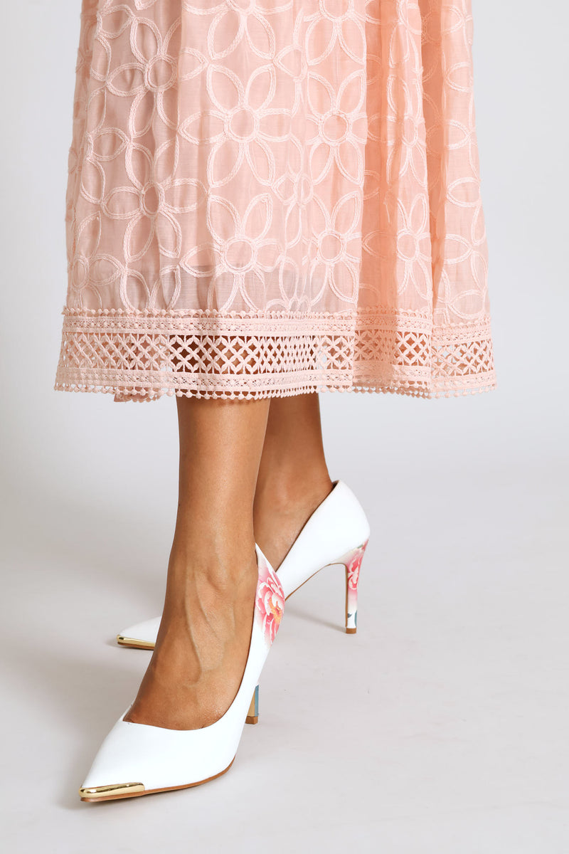 Long Sleeve Button Through Easy Wearing Lace Dress - Pink