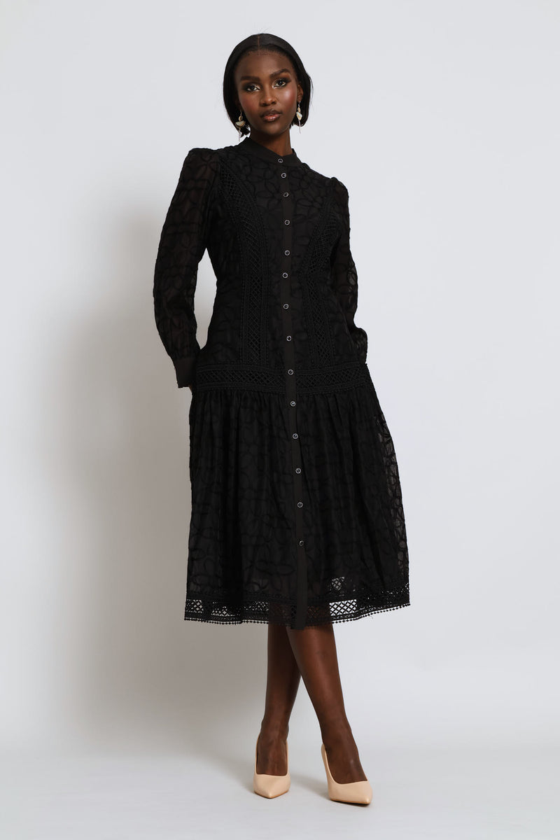 Long Sleeve Button Through Easy Wearing Lace Dress - Black