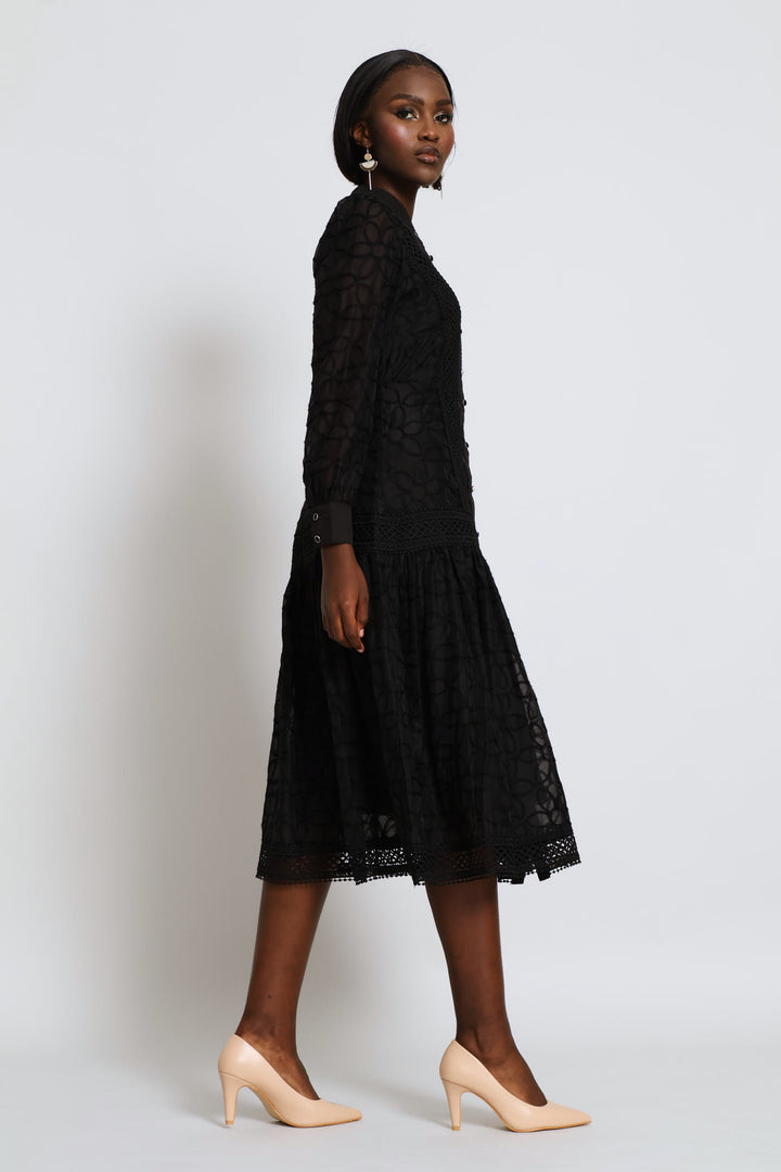 Long Sleeve Button Through Easy Wearing Lace Dress - Black