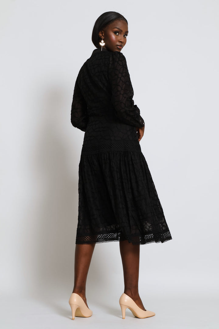 Long Sleeve Button Through Easy Wearing Lace Dress - Black
