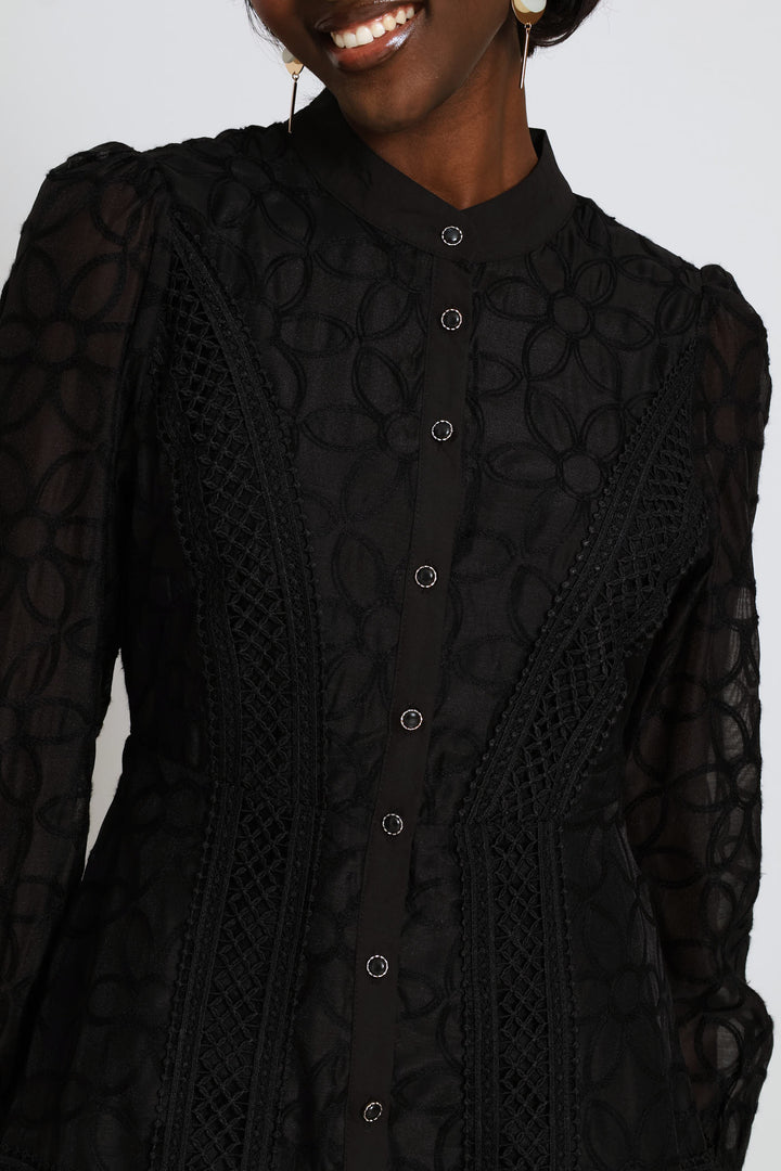 Long Sleeve Button Through Easy Wearing Lace Dress - Black