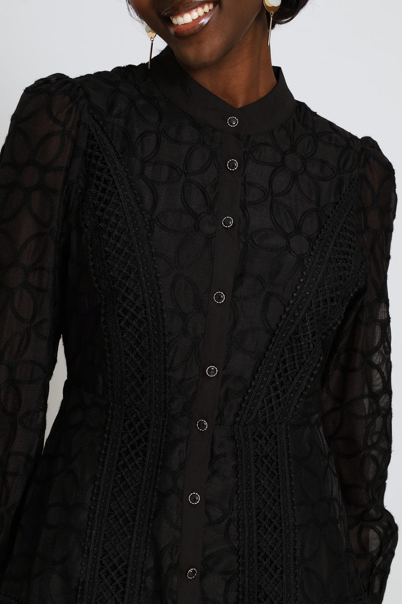 Long Sleeve Button Through Easy Wearing Lace Dress - Black