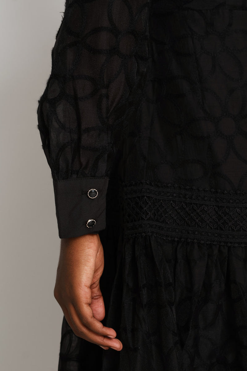 Long Sleeve Button Through Easy Wearing Lace Dress - Black
