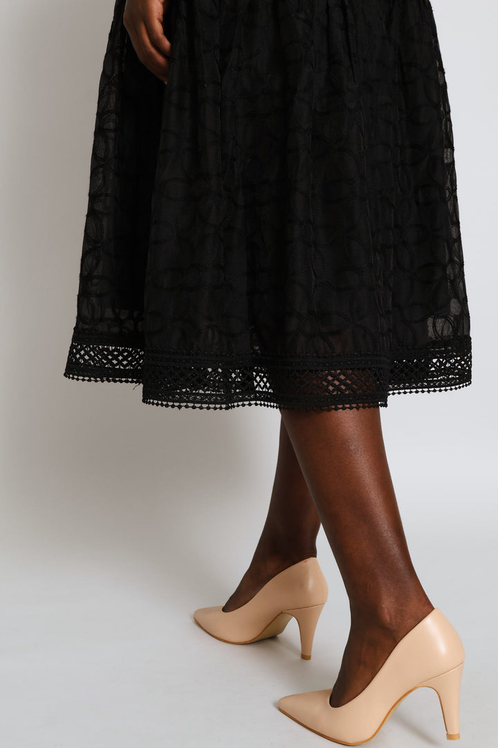 Long Sleeve Button Through Easy Wearing Lace Dress - Black