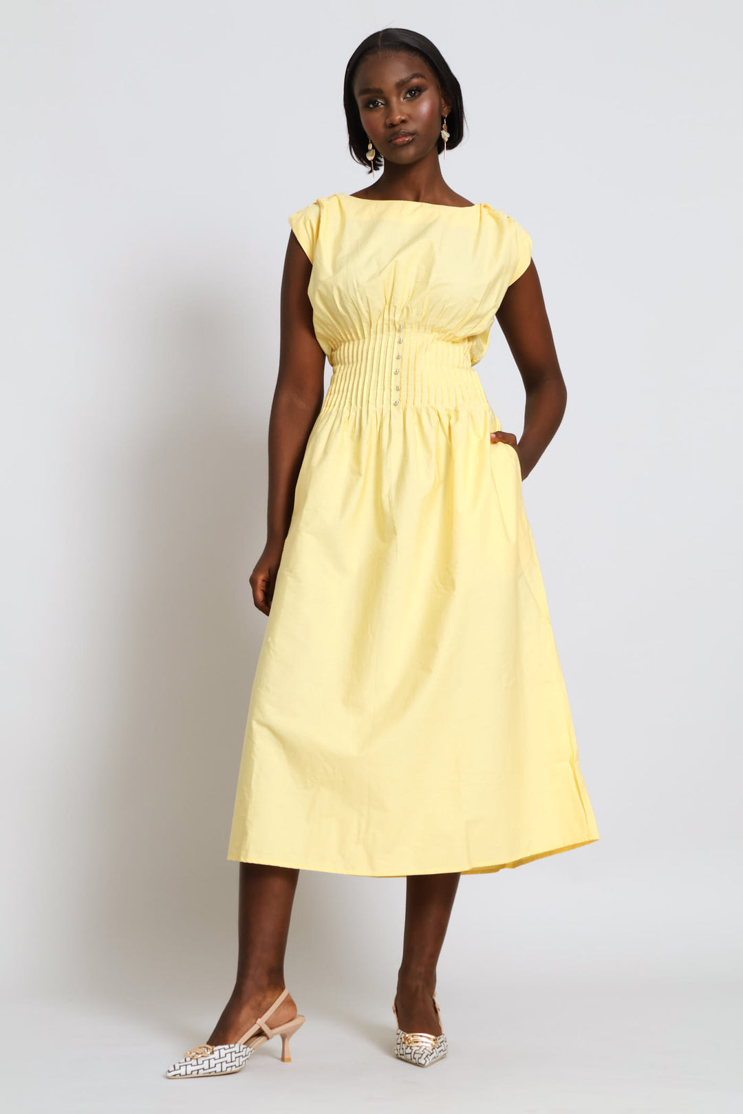 Pintuck Waist Boat Neck Fit & Flair Midaxi Dress - Light Yellow