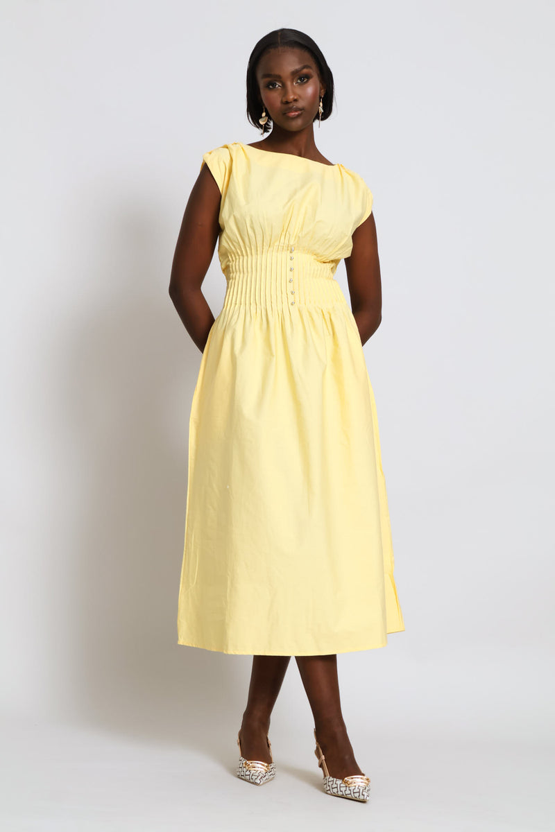 Pintuck Waist Boat Neck Fit & Flair Midaxi Dress - Light Yellow