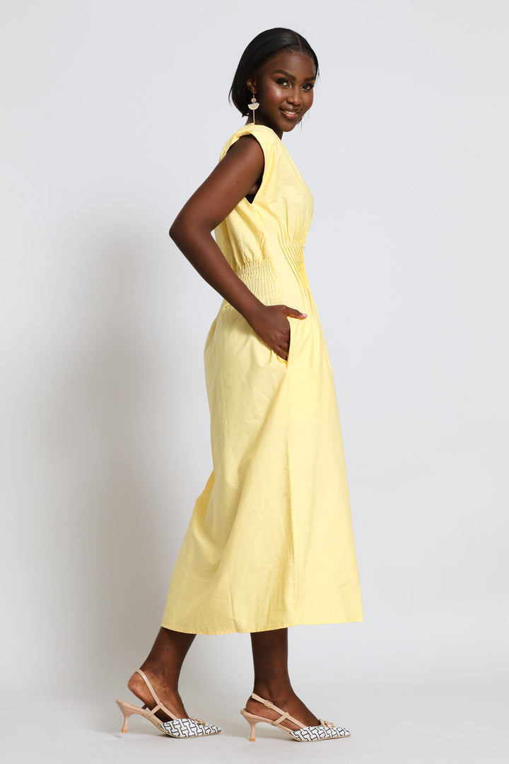 Pintuck Waist Boat Neck Fit & Flair Midaxi Dress - Light Yellow