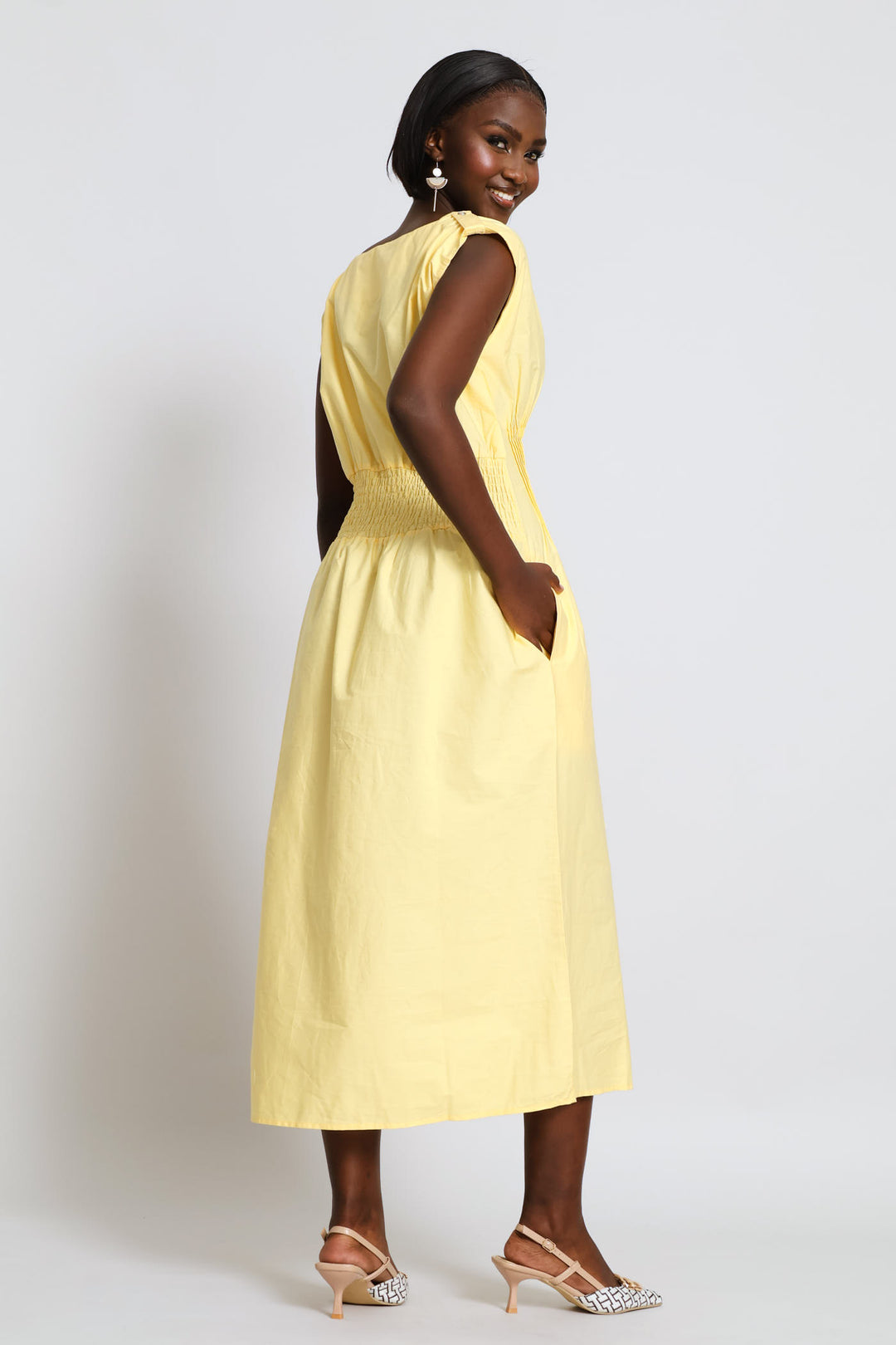 Pintuck Waist Boat Neck Fit & Flair Midaxi Dress - Light Yellow