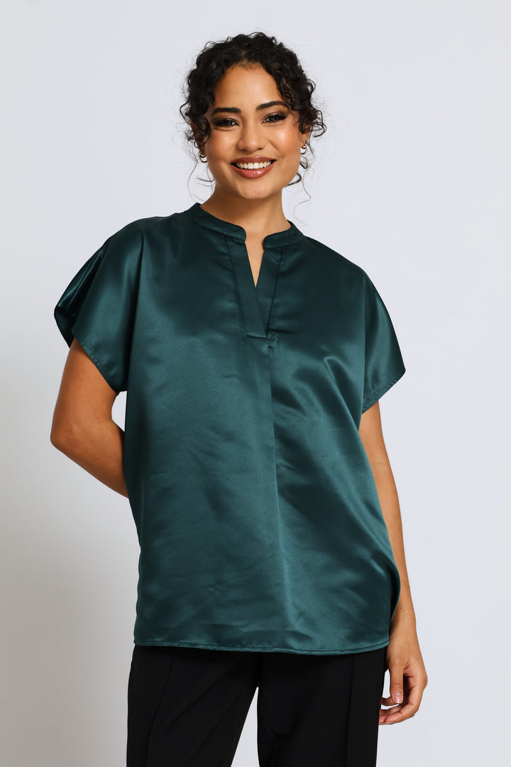 Mandarin Collar Blouse - Bottle Green