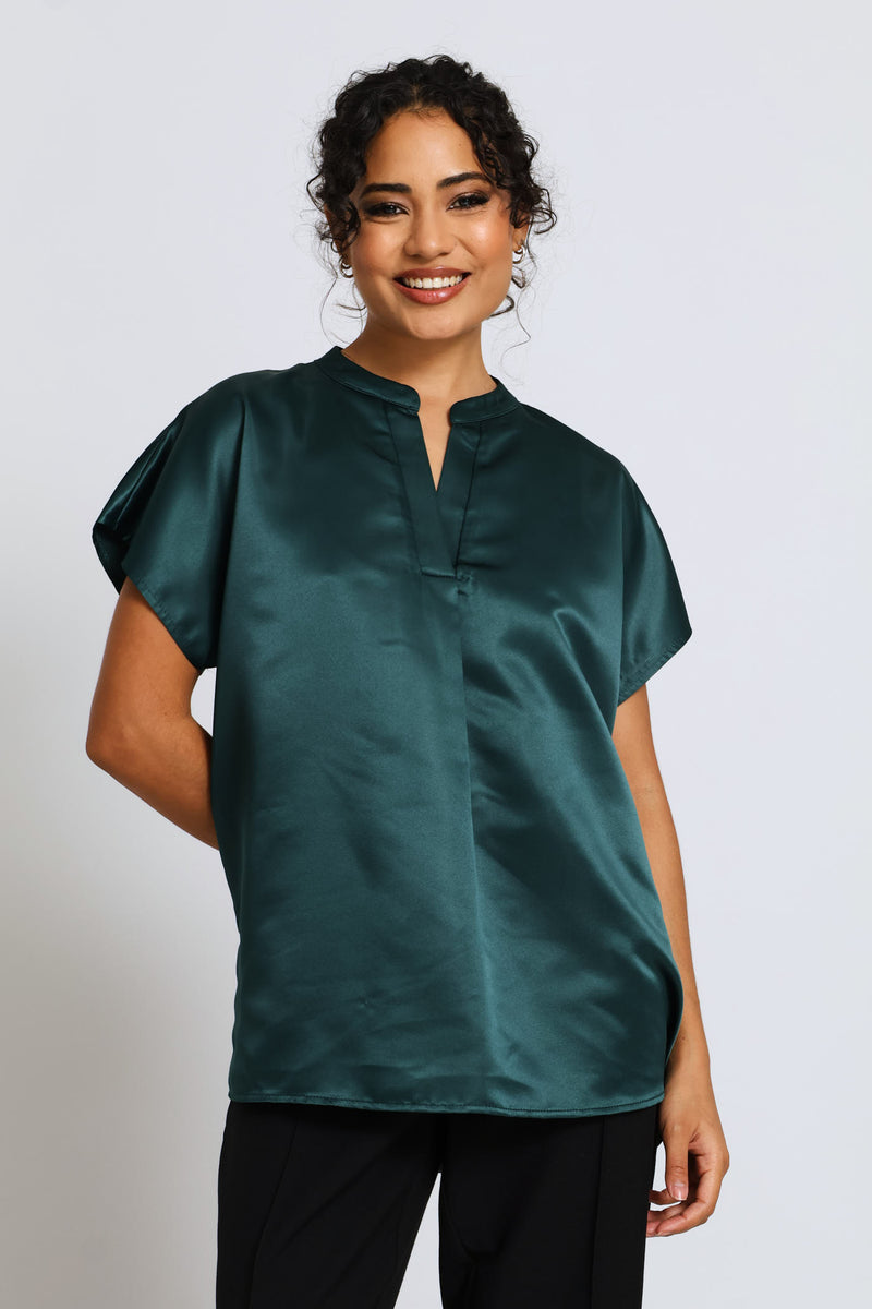 Mandarin Collar Blouse - Bottle Green
