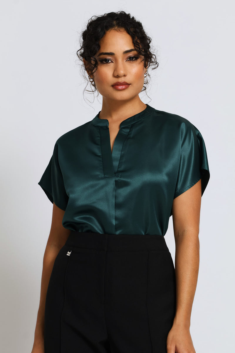 Mandarin Collar Blouse - Bottle Green