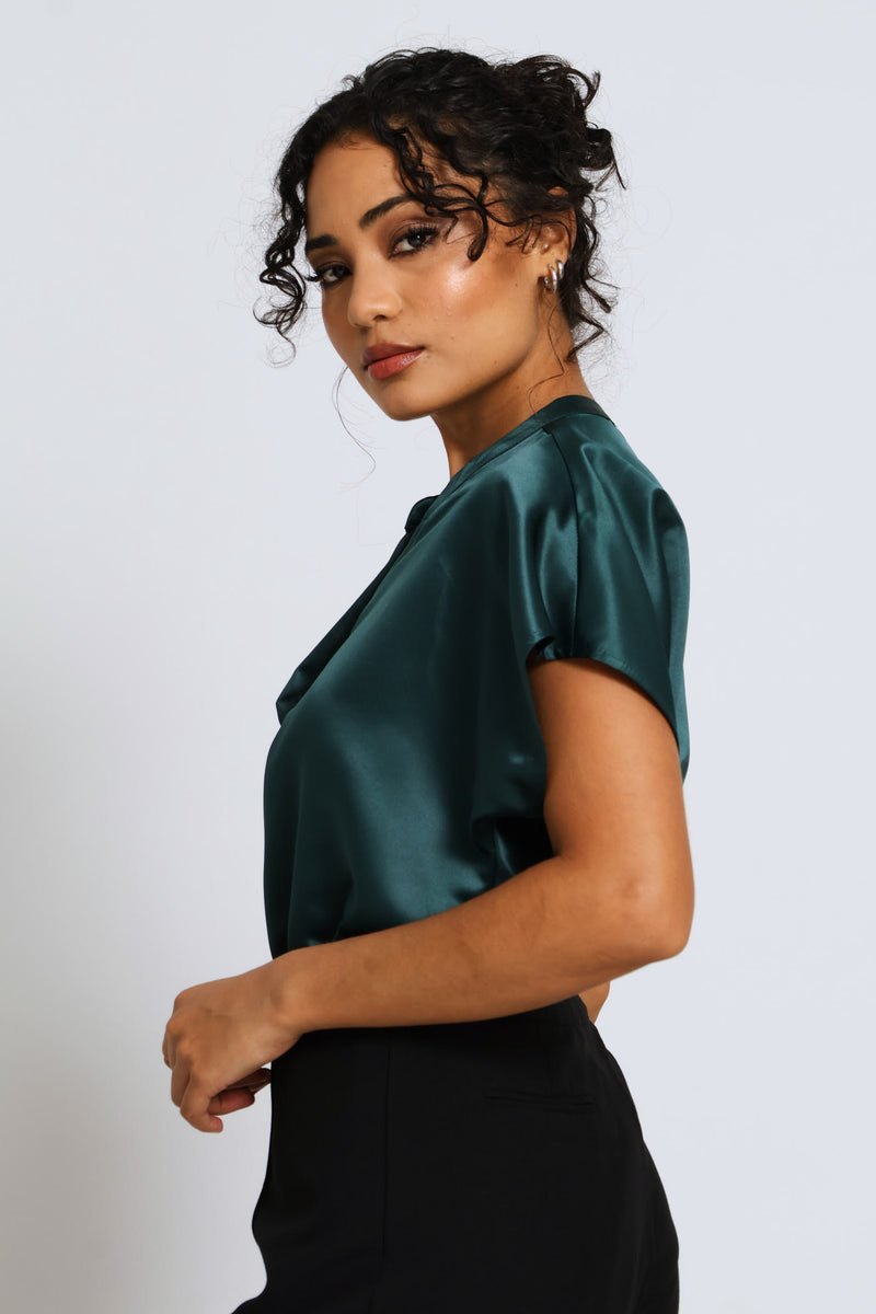 Mandarin Collar Blouse - Bottle Green
