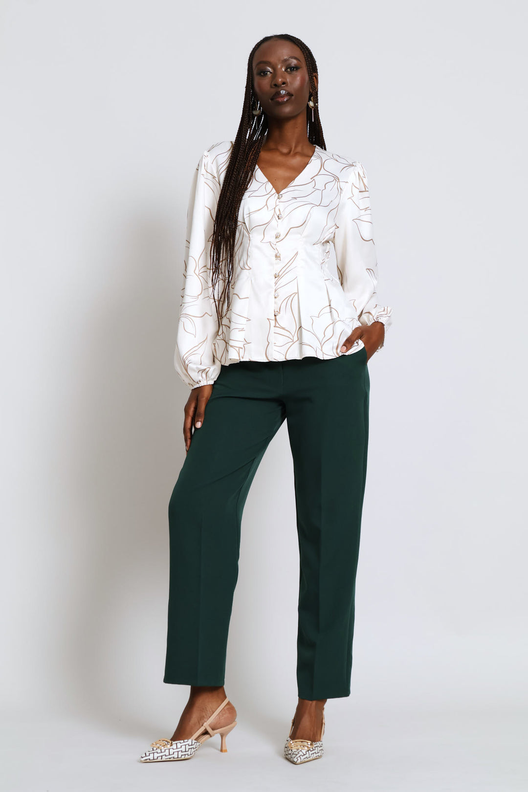 V-Neck Pintuck Waisted Blouse - Cream