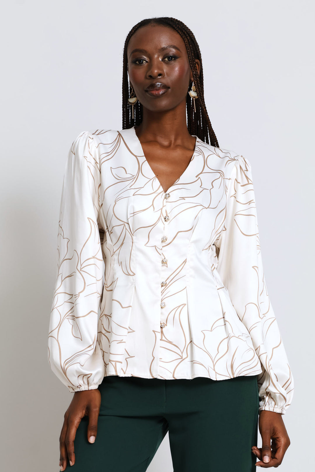 V-Neck Pintuck Waisted Blouse - Cream
