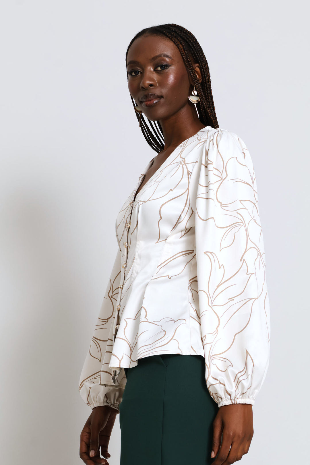 V-Neck Pintuck Waisted Blouse - Cream