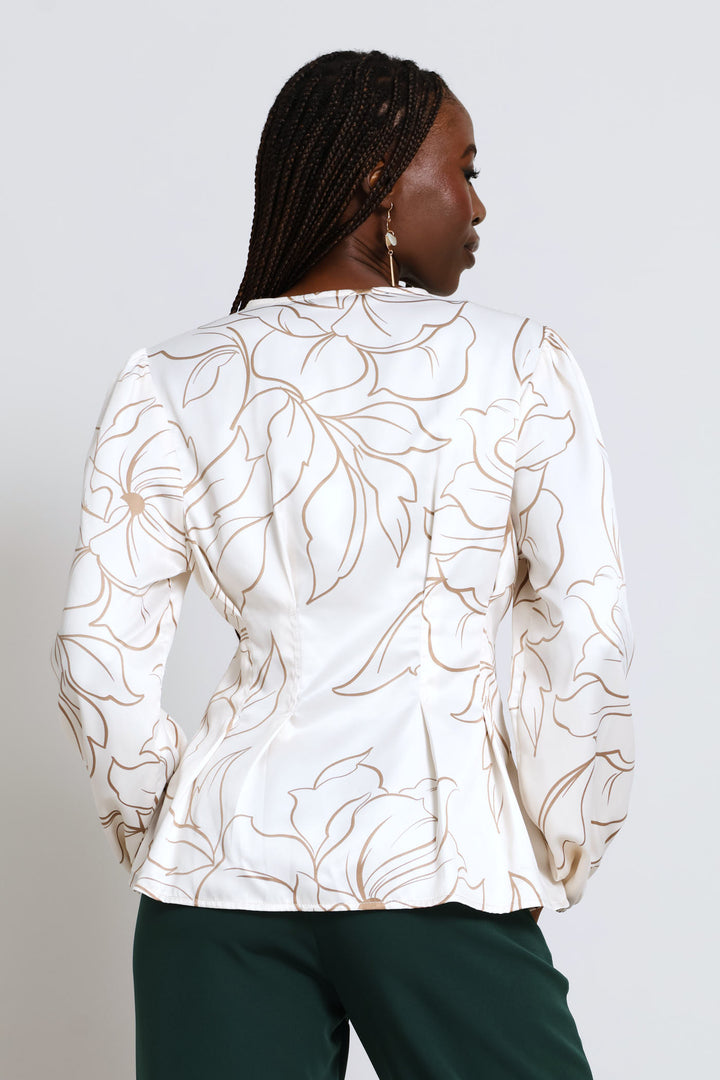 V-Neck Pintuck Waisted Blouse - Cream