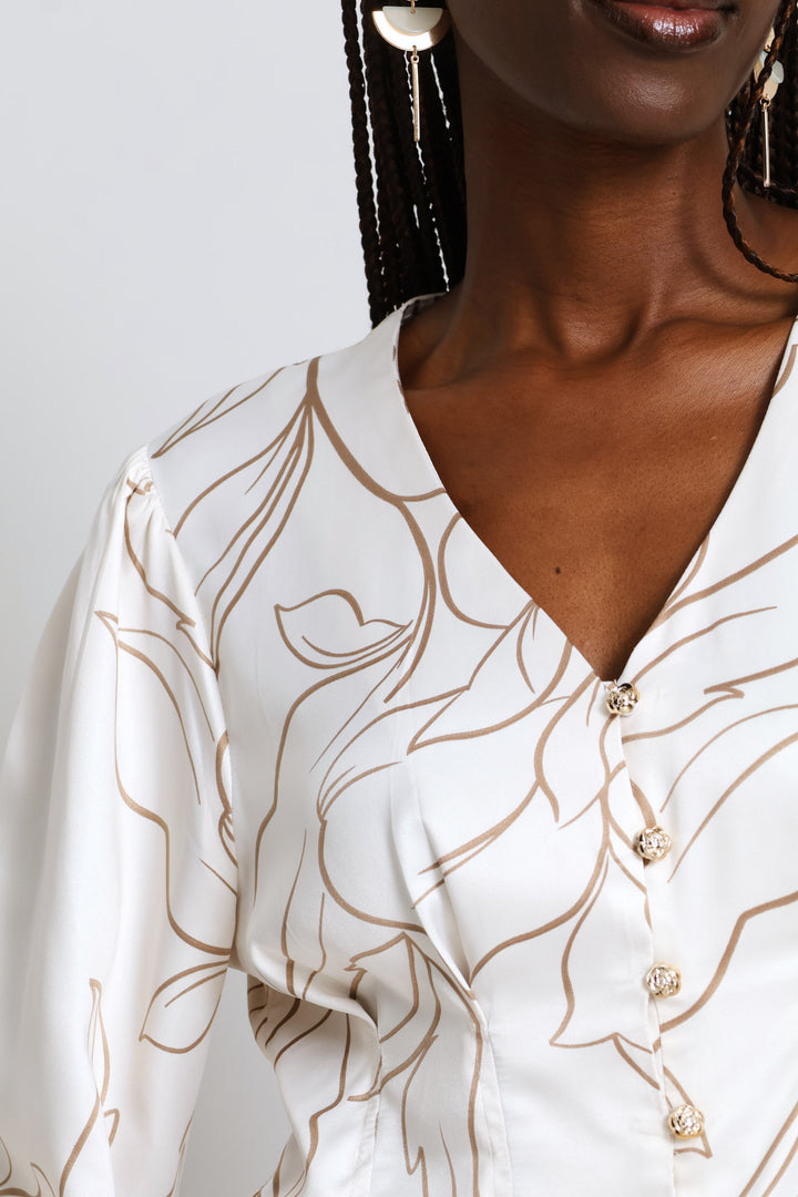 V-Neck Pintuck Waisted Blouse - Cream