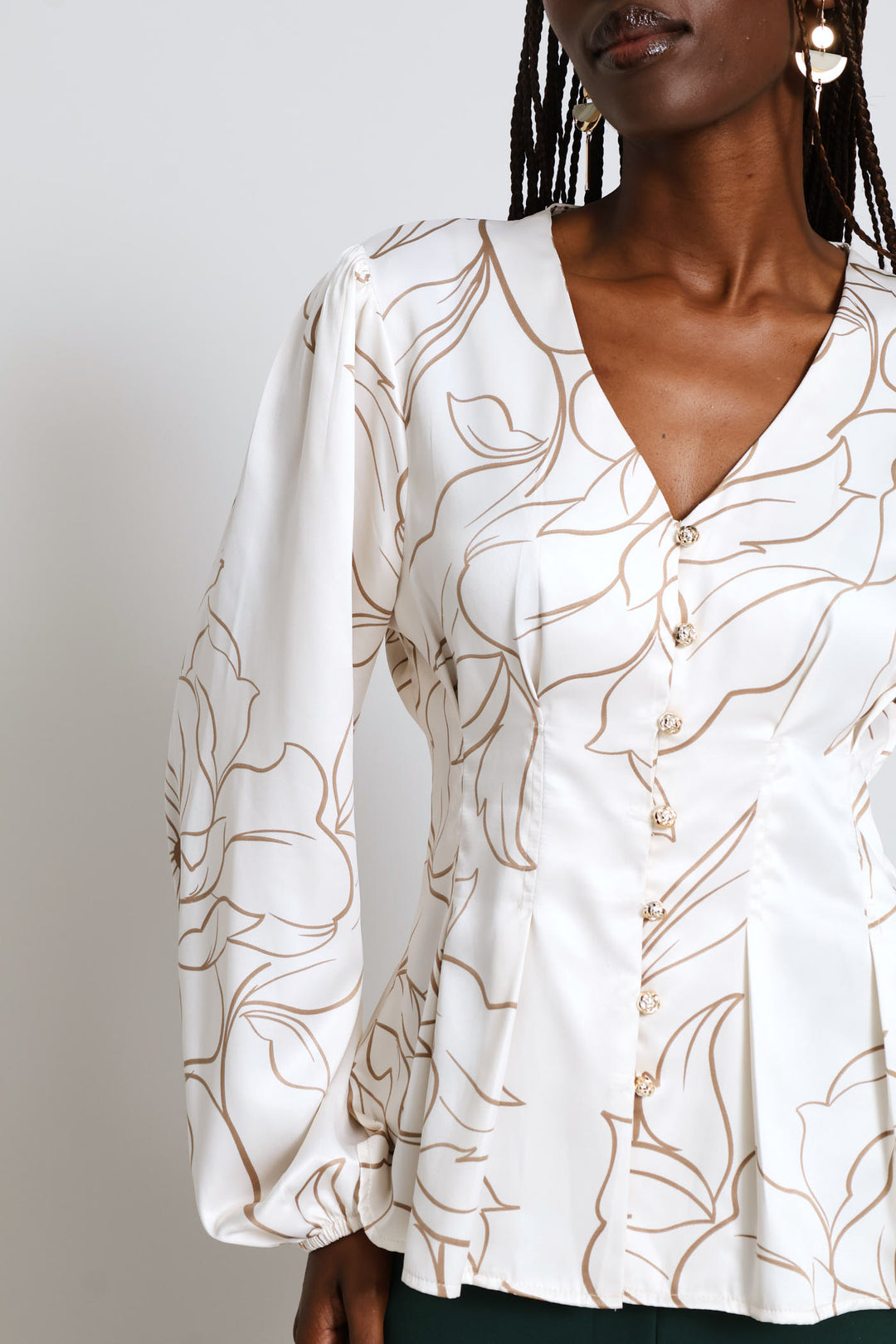 V-Neck Pintuck Waisted Blouse - Cream