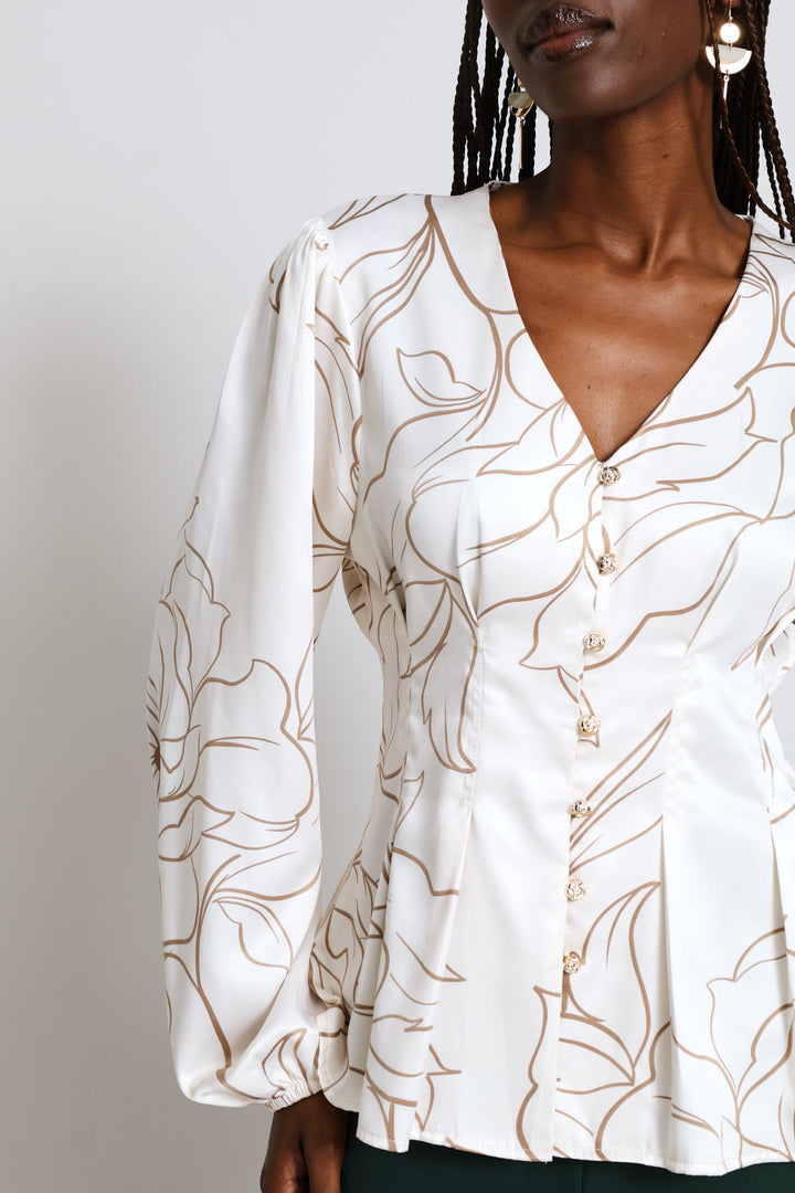 V-Neck Pintuck Waisted Blouse - Cream