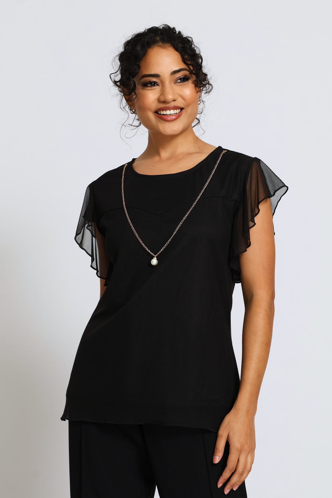Flutter Sleeve Mesh Blouse - Black