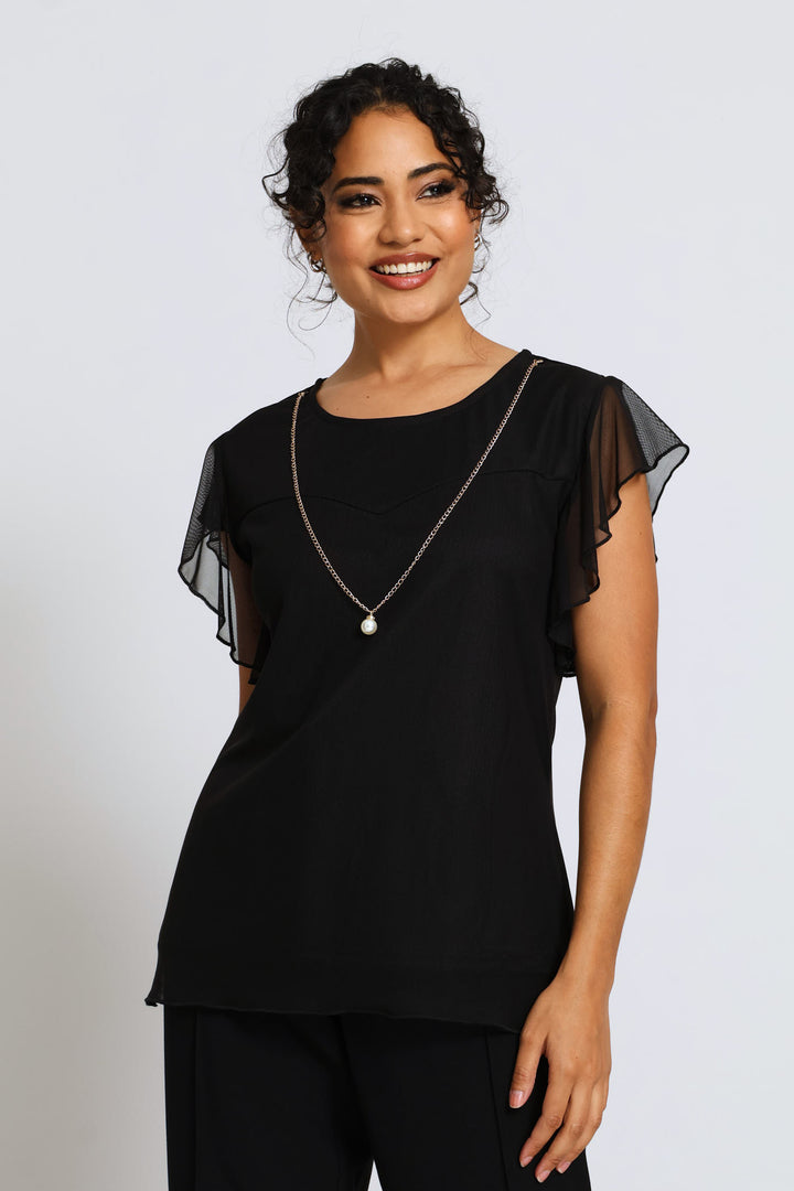 Flutter Sleeve Mesh Blouse - Black