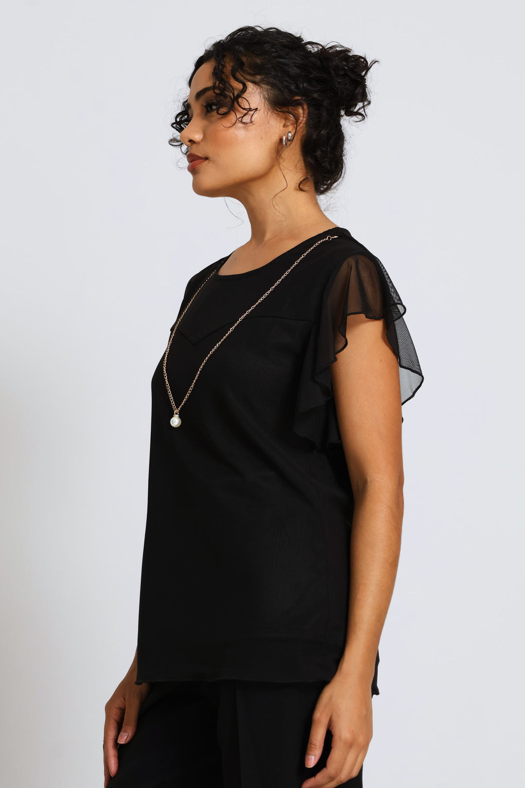 Flutter Sleeve Mesh Blouse - Black