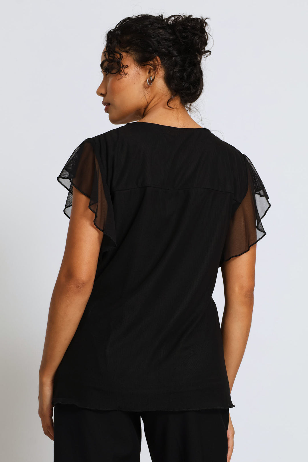 Flutter Sleeve Mesh Blouse - Black