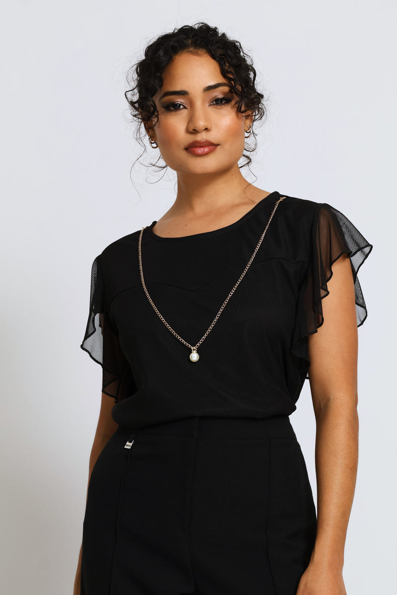 Flutter Sleeve Mesh Blouse - Black