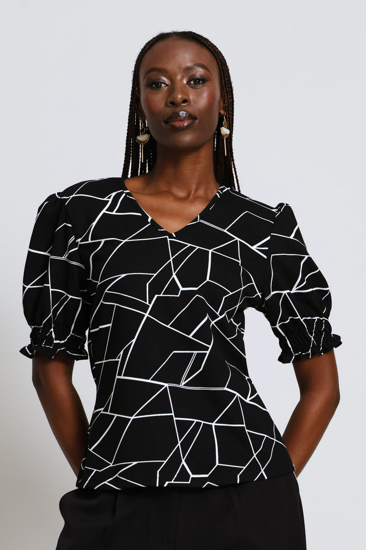 Geo Print Puff Sleeve Blouse - Black/Cream