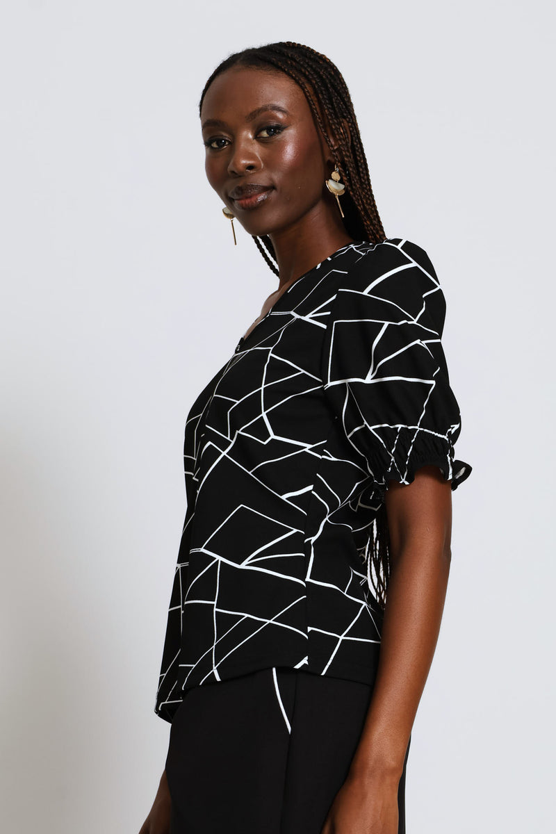 Geo Print Puff Sleeve Blouse - Black/Cream