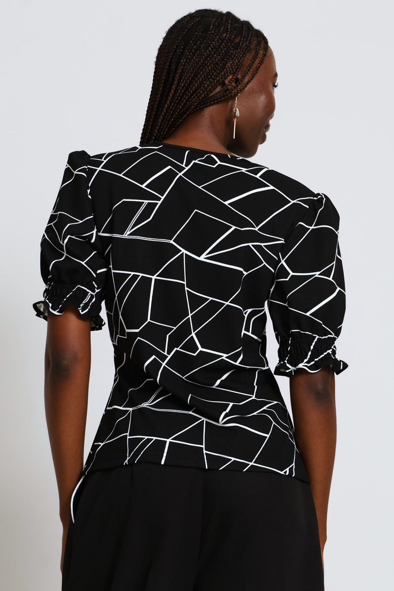 Geo Print Puff Sleeve Blouse - Black/Cream