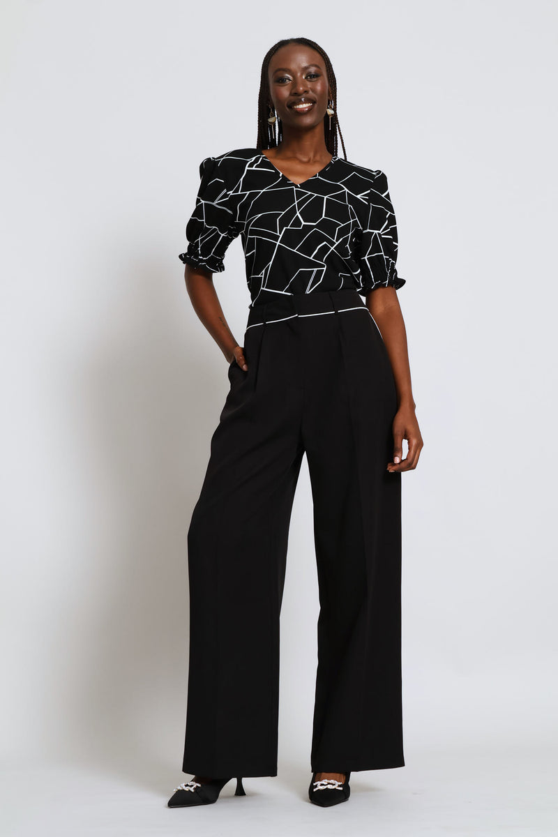 Geo Print Puff Sleeve Blouse - Black/Cream