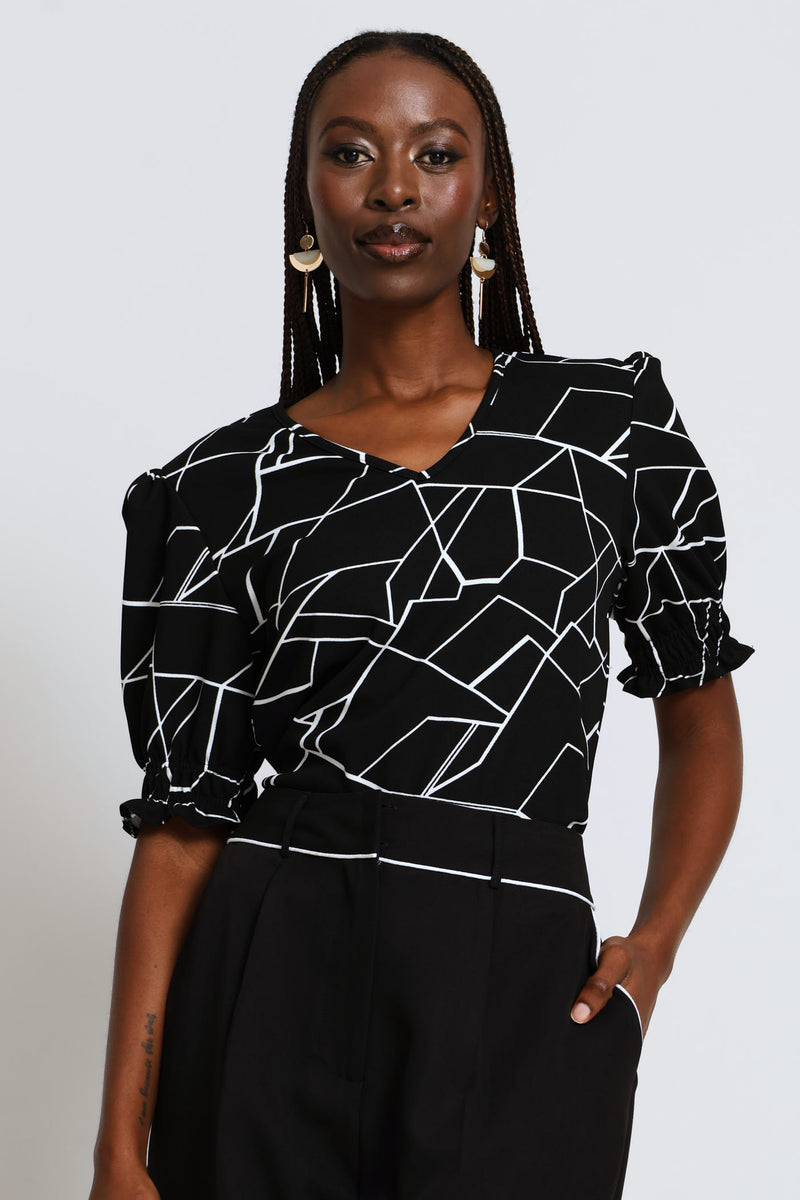 Geo Print Puff Sleeve Blouse - Black/Cream