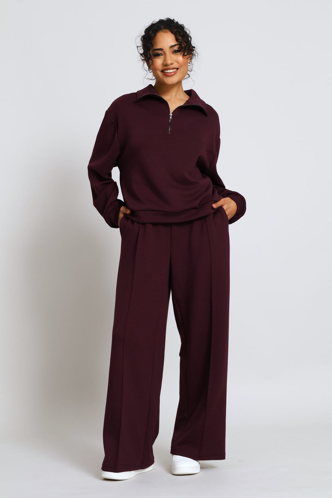 Plush Pintuck Wide Leg Pants - Burgundy