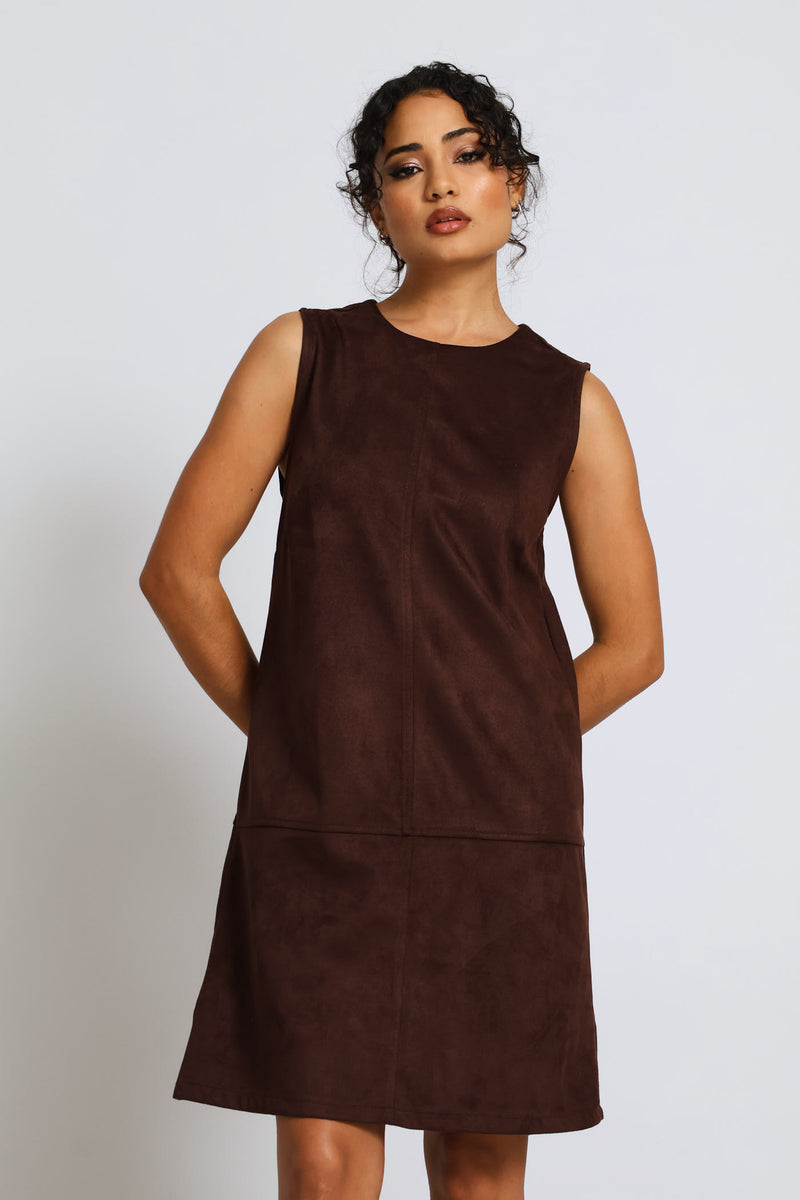 Suede Pinafore Mini Dress - Dark Chocolate