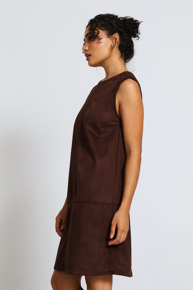 Suede Pinafore Mini Dress - Dark Chocolate