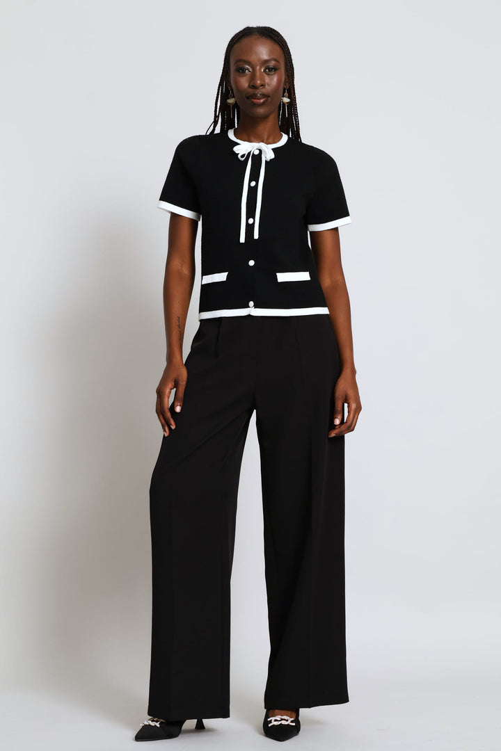Bow Contrast Cardigan - Black/White