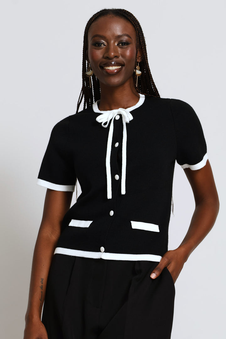 Bow Contrast Cardigan - Black/White