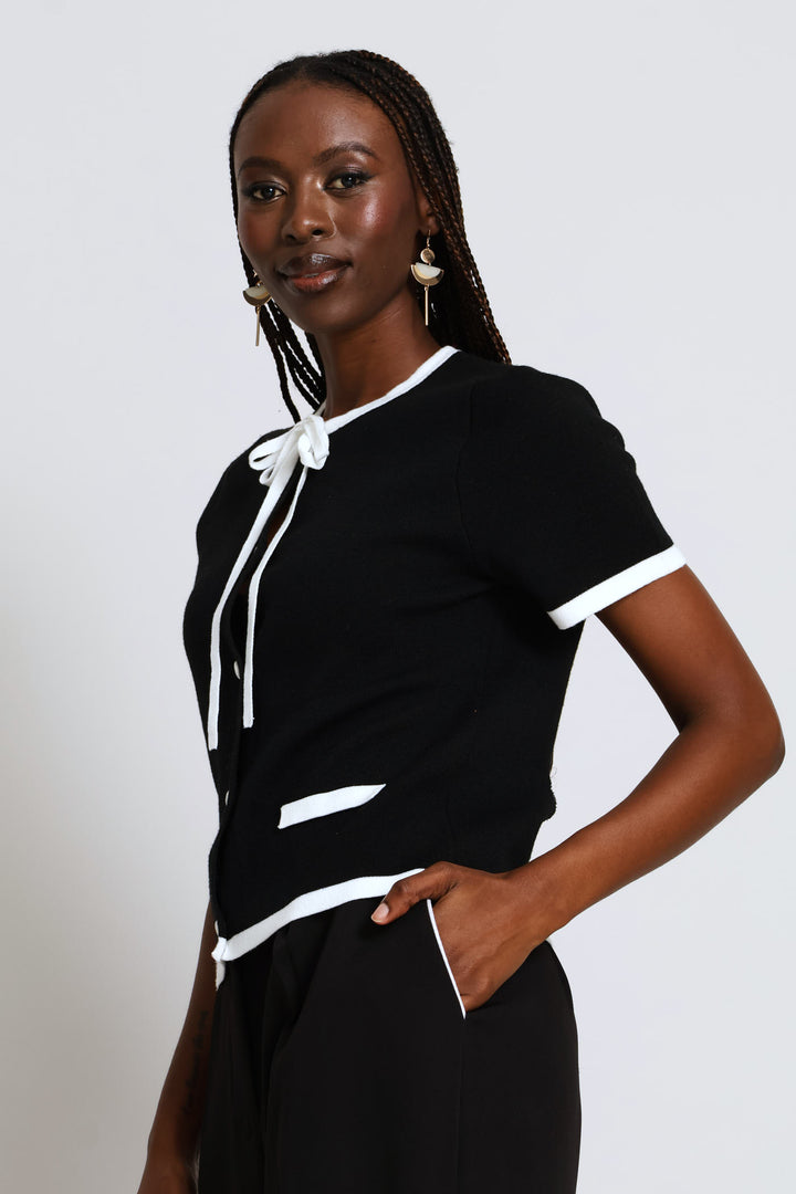 Bow Contrast Cardigan - Black/White