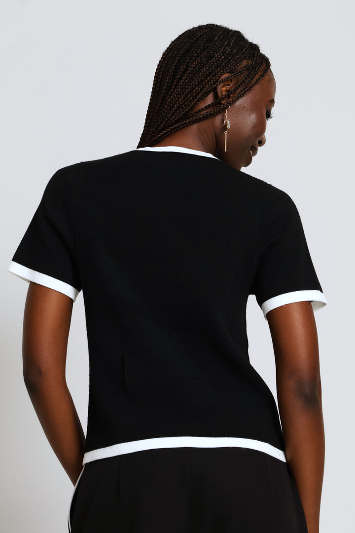 Bow Contrast Cardigan - Black/White