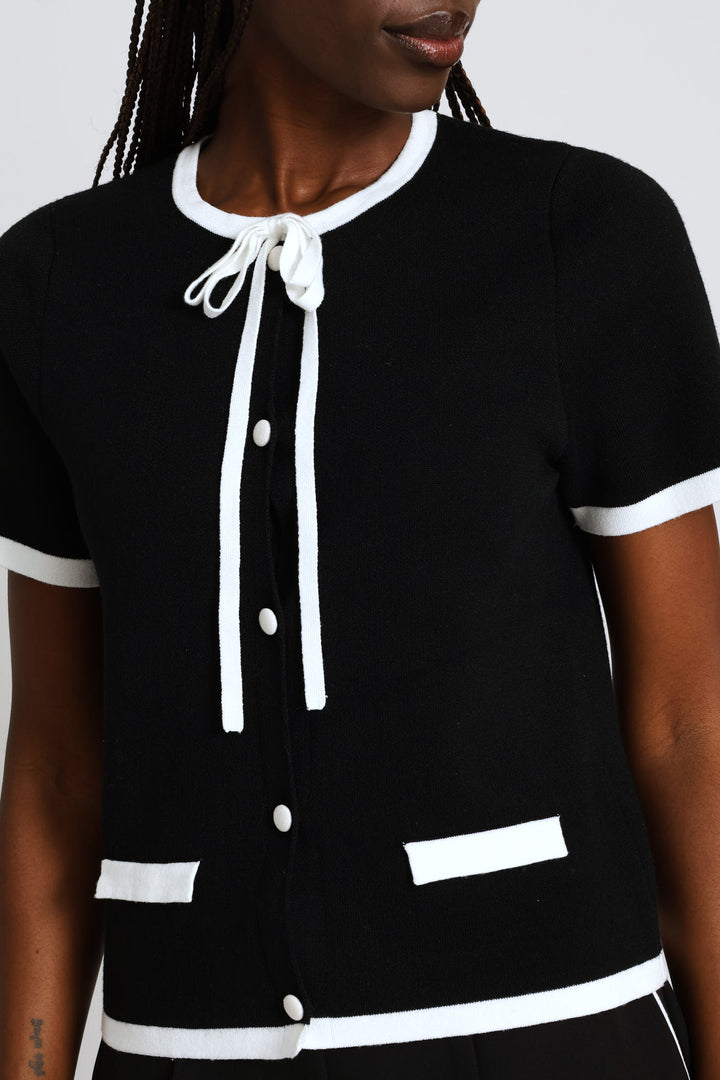 Bow Contrast Cardigan - Black/White