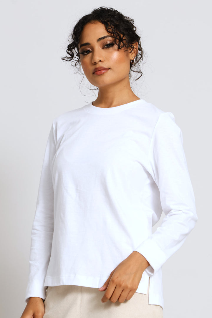 Long Sleeve Boxy Step Hem Crew Neck Top - White