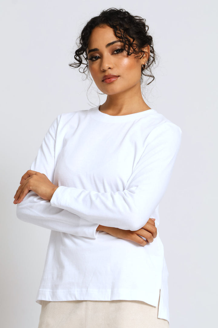 Long Sleeve Boxy Step Hem Crew Neck Top - White