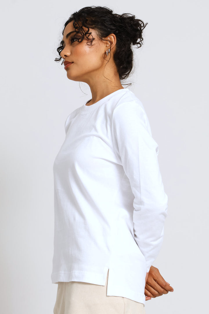 Long Sleeve Boxy Step Hem Crew Neck Top - White
