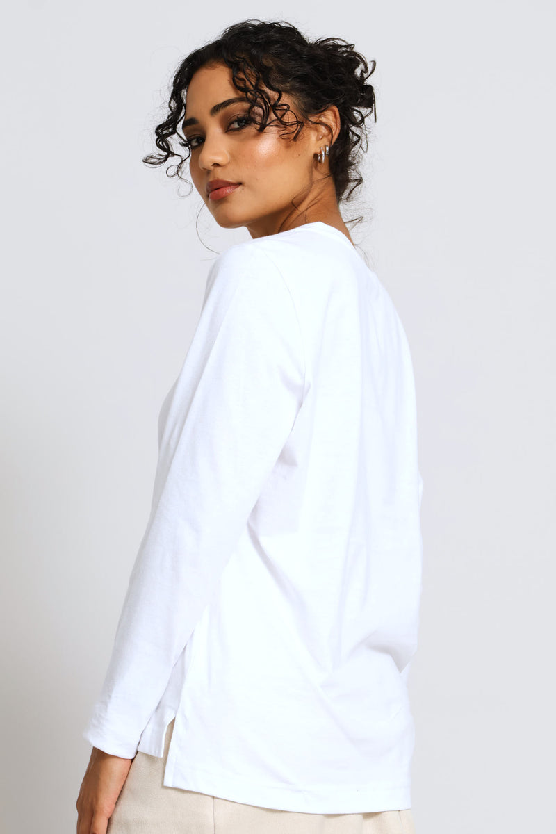 Long Sleeve Boxy Step Hem Crew Neck Top - White