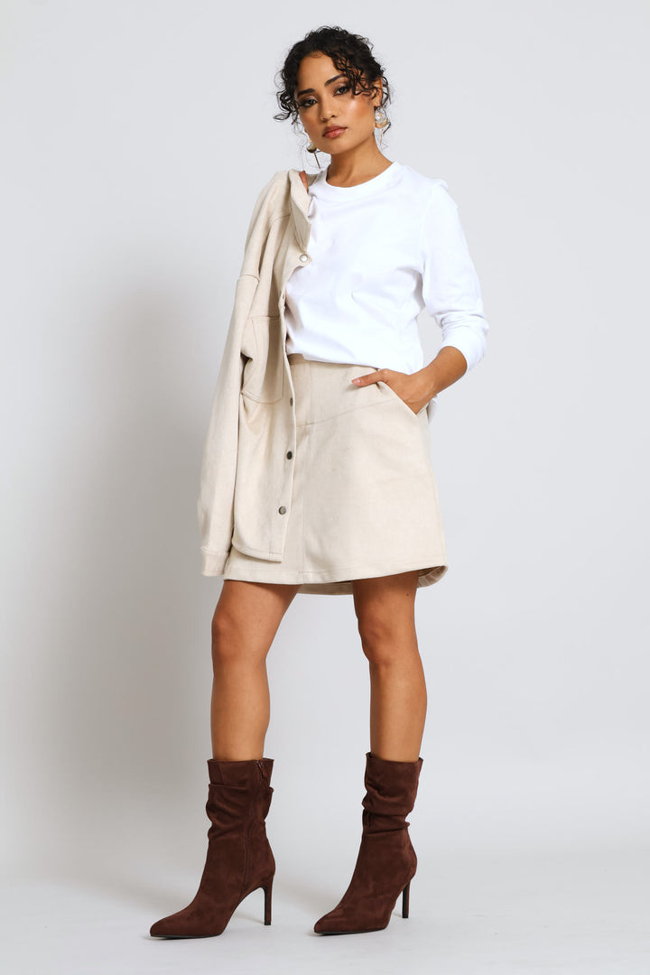 Long Sleeve Boxy Step Hem Crew Neck Top - White