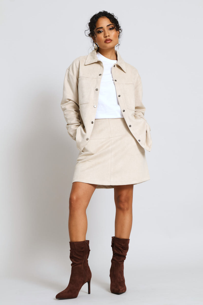 Press Stud Detail Suede Shacket - Light Stone
