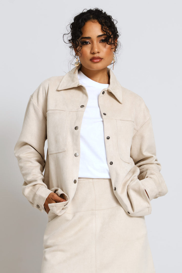 Press Stud Detail Suede Shacket - Light Stone
