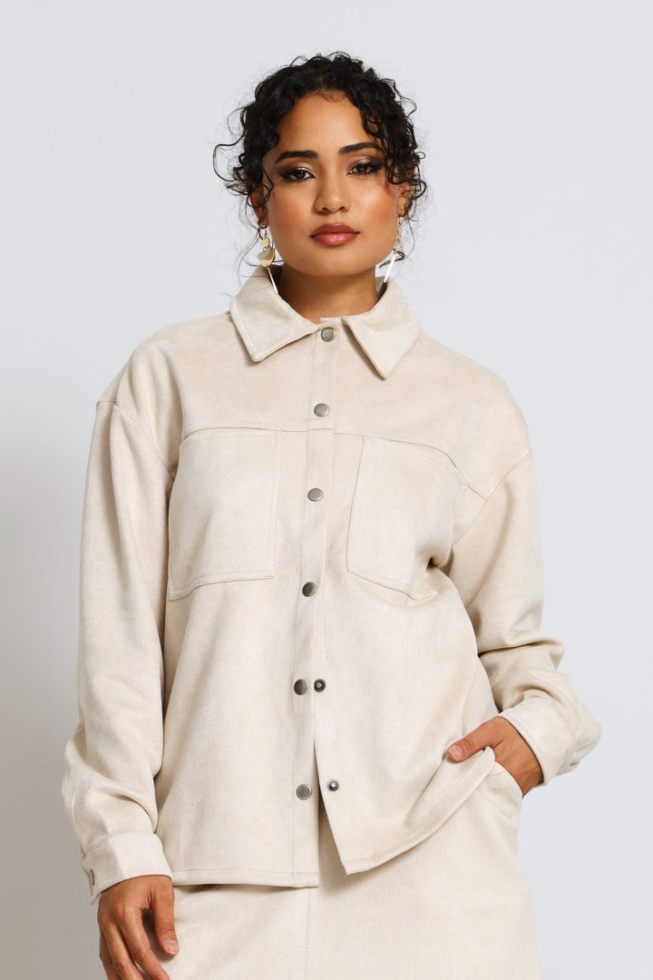 Press Stud Detail Suede Shacket - Light Stone